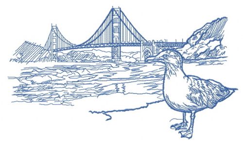 Seagull near Golden Gate Bridge sketch machine embroidery design