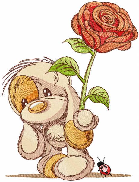 Baby dog with rose embroidery design
