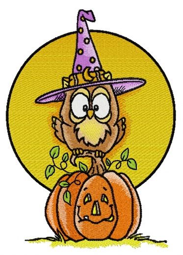 Owl in witch hat machine embroidery design