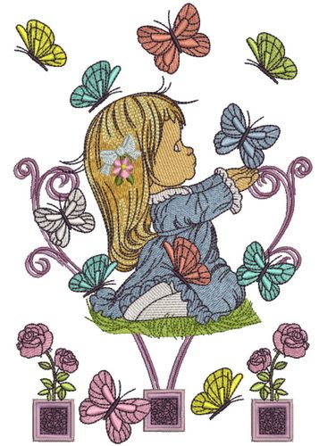 Cute girl playing with butterflies 2 machine embroidery design