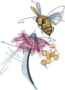Biene huscht über Blumenstickmuster