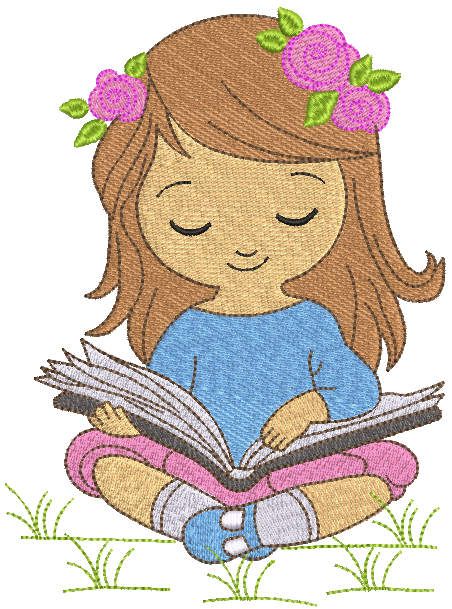 Baby girl sitting with book free embroidery design