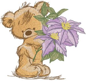 Teddy bear with a bouquet of hydrangeas embroidery design