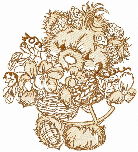 Teddy bear collecting flowers sketch machine embroidery design