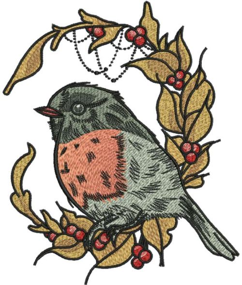 Bullfinch and autumn leaves embroidery design