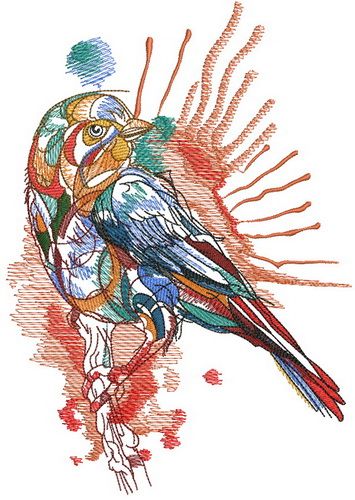 Colorful sparrow on tree branch machine embroidery design