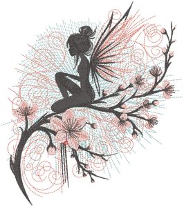 Fairy sitting on a blossoming sakura embroidery design