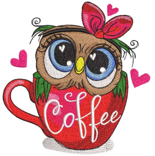 Owl in love in a coffee cup embroidery design