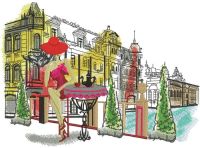 Posh girl in summer cafe embroidery design