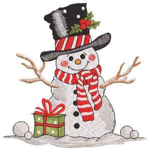 Desenho de bordado de presente de cartola de boneco de neve alegre