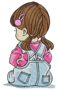 Sitting dreamer girl in denim overalls embroidery design