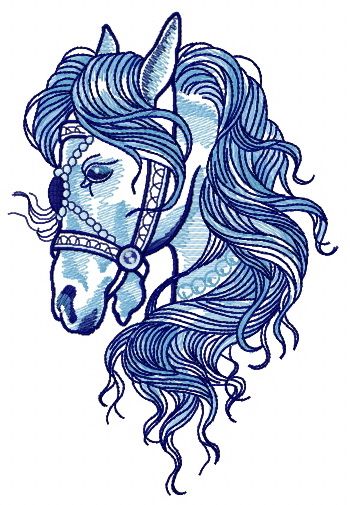 Horse with blue wavy mane machine embroidery design
