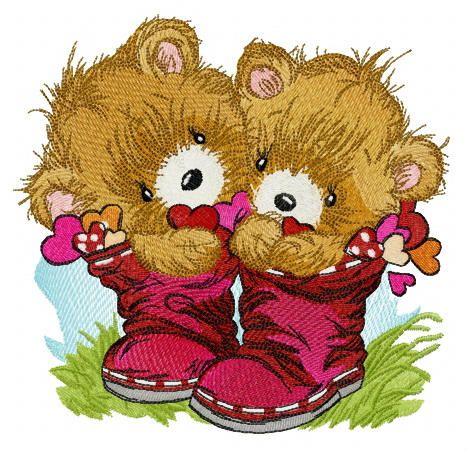 Teddy bears in boots machine embroidery design