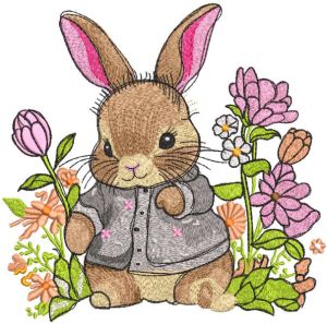 Baby bunny among forest flowers embroidery design