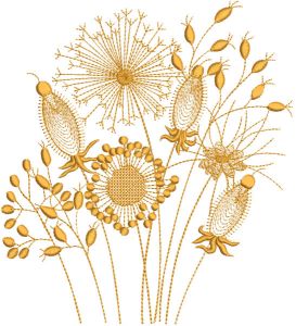 Diseño de bordado de campo floral dorado.