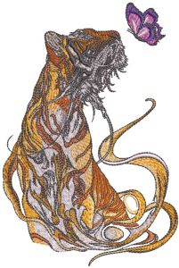 Fragile friendship of tiger and butterfly embroidery design