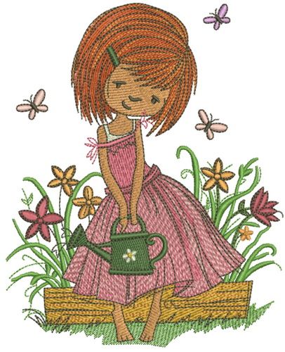 Girl with watering can machine embroidery design