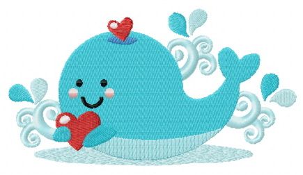 Blue whale with heart machine embroidery design