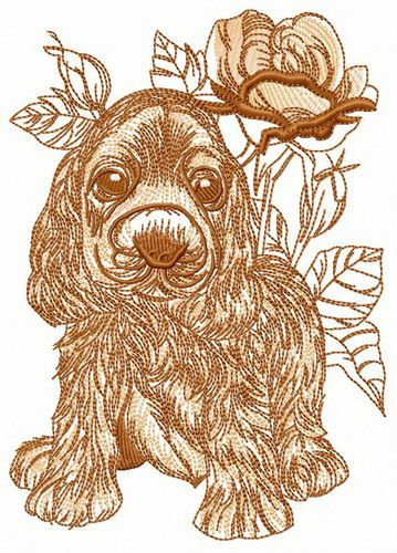Dog in front of rose machine embroidery design