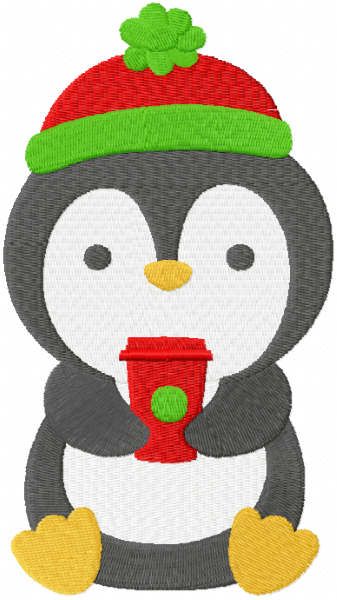 Penguin with coffee cup embroidery design