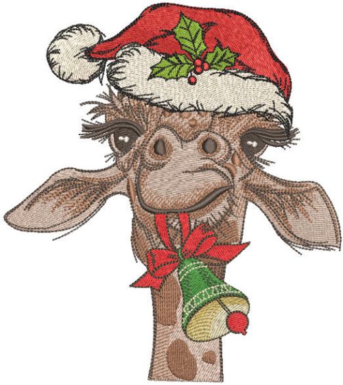 Christmas giraffe with bell embroidery design