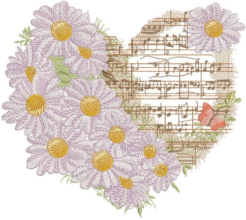 Music and daisies in the heart embroidery design