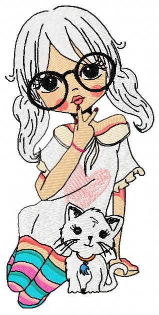 Girl and kitten machine embroidery design      
