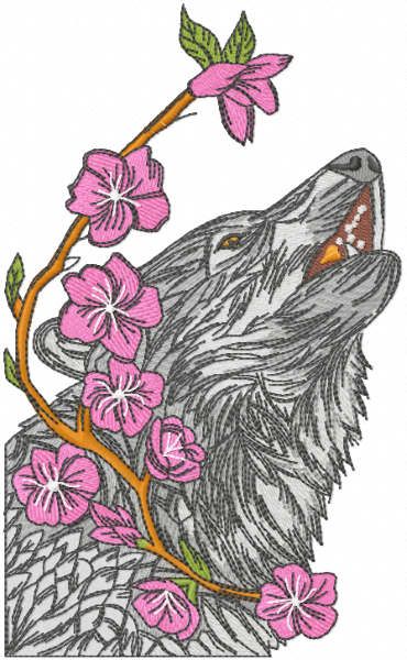 Wolf and branch with flowers embroidery design