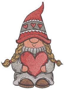 Gnome girl with red heart embroidery design