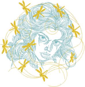 Menina com libélulas douradas em desenho de bordado de cabelo
