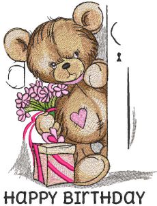 Teddy bear with gift opens door embroidery design