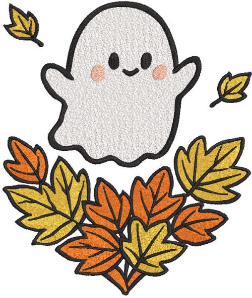 Cute Ghost with Autumn Leaves embroidery design