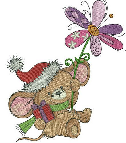Mousekin with winter flower machine embroidery design