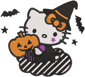Hello kitty witch pumpkin embroidery design
