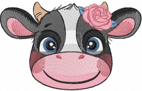 Smiling cow with rose embroidery design