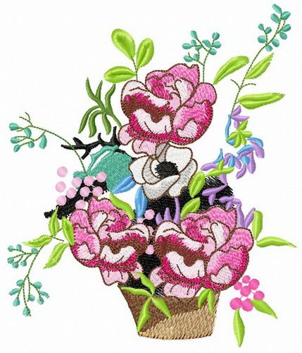 Lush bouquet in basket machine embroidery design