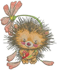 Hedgehog with heart holding fallen flower embroidery design