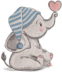 Elephant baby in nightcap with a heart embroidery design