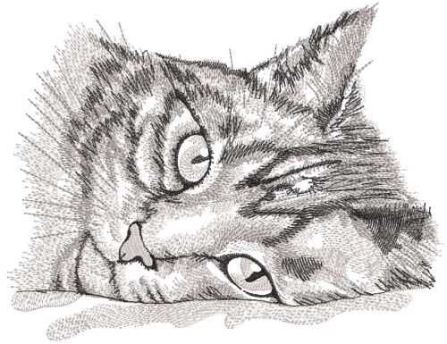 Greyscale resting cat embroidery design