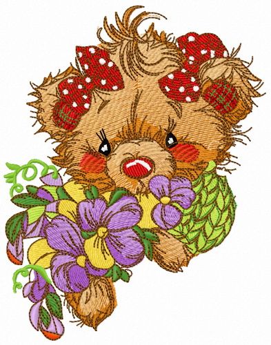 Teddy bear with pansies machine embroidery design
