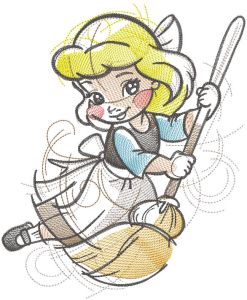 Cinderella with broom embroidery design