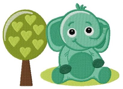 Cute elephant near tree machine embroidery design
