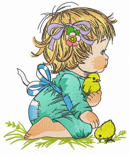 Girl and chicks machine embroidery design 