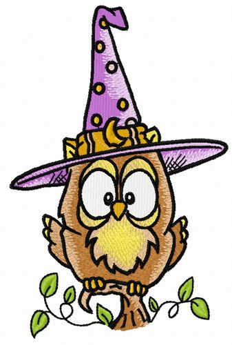 Owl in witch hat 5 machine embroidery design