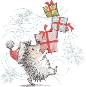 Hedgehog is bringing Christmas gifts embroidery design