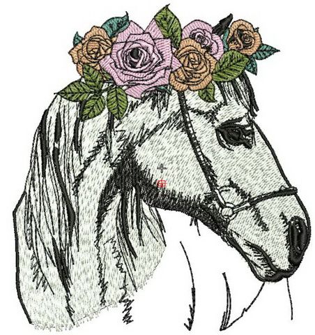 Horse with wreath of roses machine embroidery design
