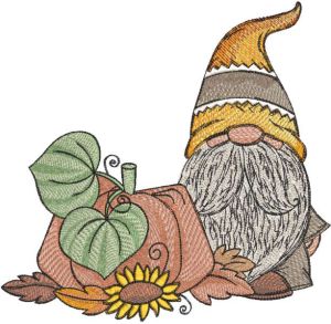 Harvest gnome with pumpkin embroidery design