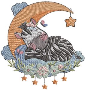 Baby zebra sleeping on a crescent embroidery design