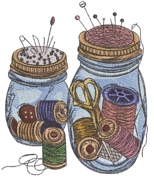 Grandmothers jars with needlework items embroidery design