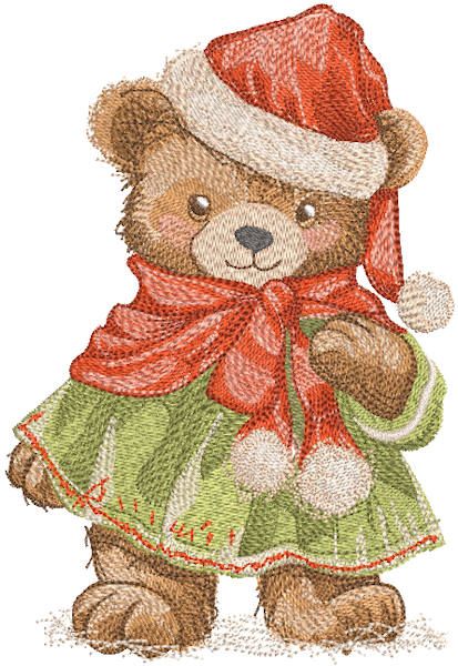 Santa bear in a vintage coat embroidery design